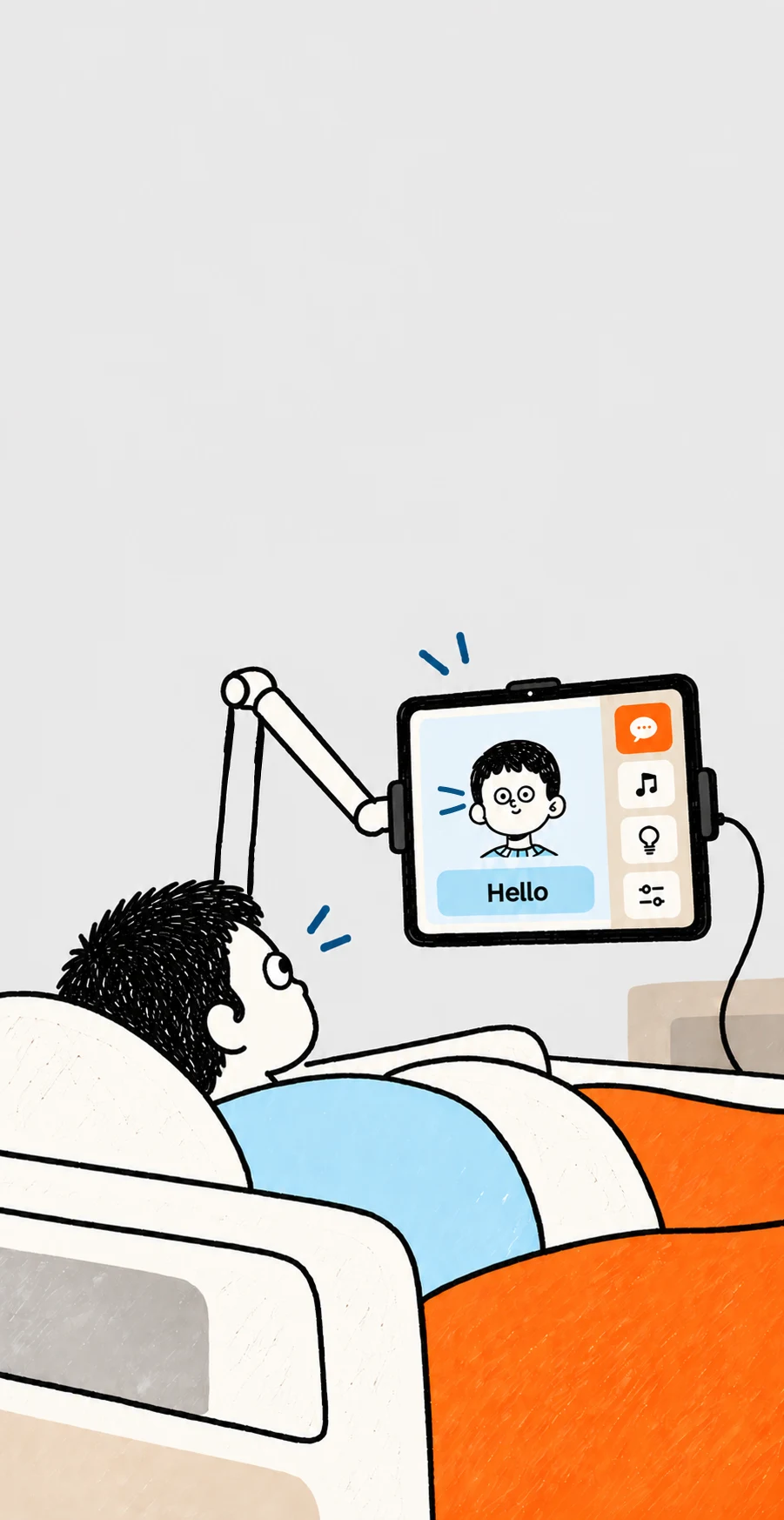거치된 태블릿으로 의사소통하는 장면을 표현한 이미지